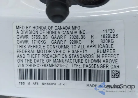 2021 Honda Civic Lx z USA, uszkodzony, nr VIN 2HGFC2F6XMH521562